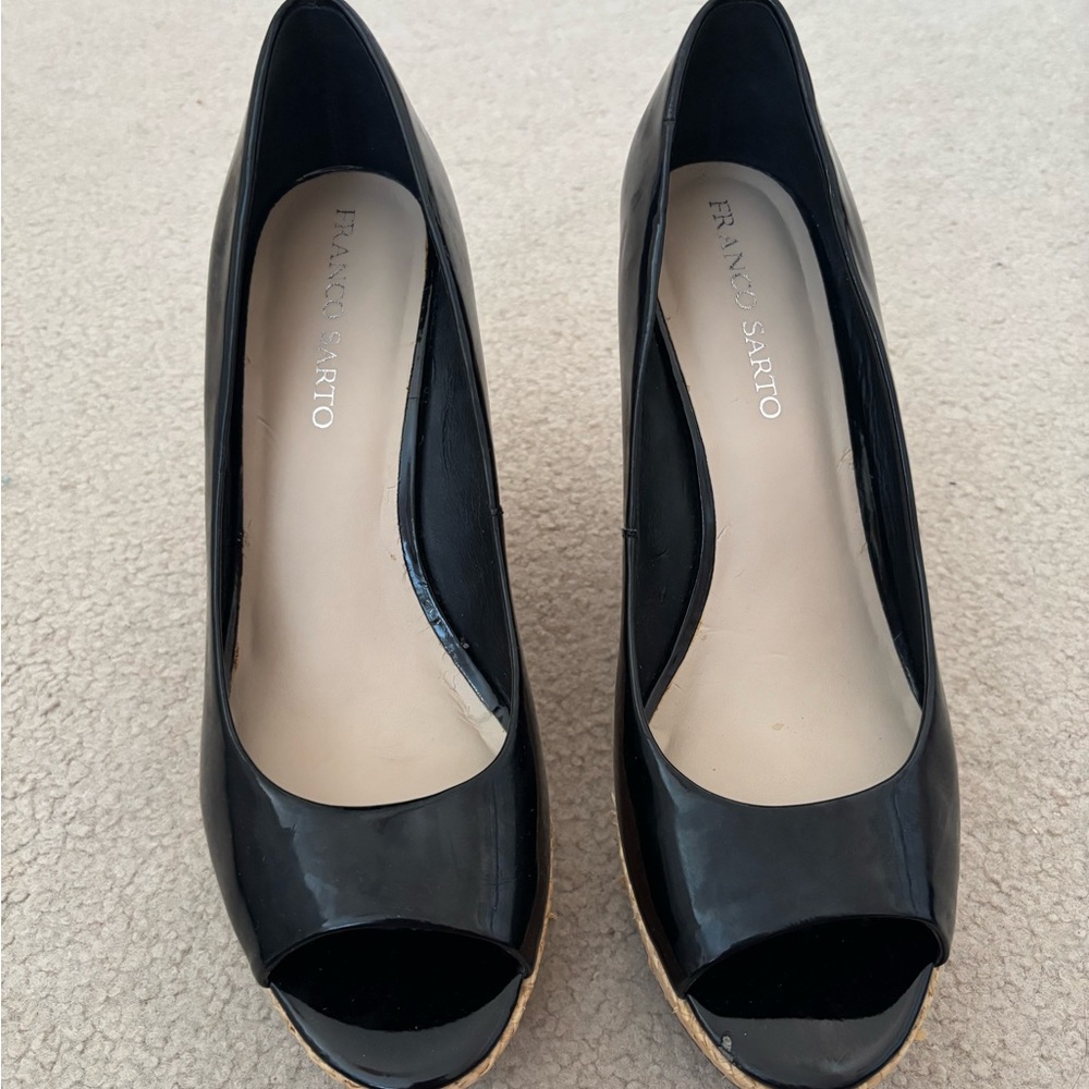 Franco Sarto Black Patent Peep Toe wedges